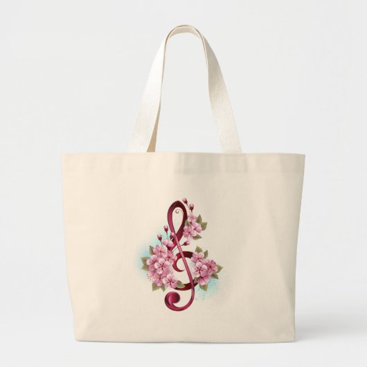 Muzieknotaties in vioolsleutel met Sakura bloemen Grote Tote Bag (Voorkant)