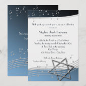 Muzieknoten Bar Mitzvah Silver en Blue Invitation Kaart (Voorkant / Achterkant)