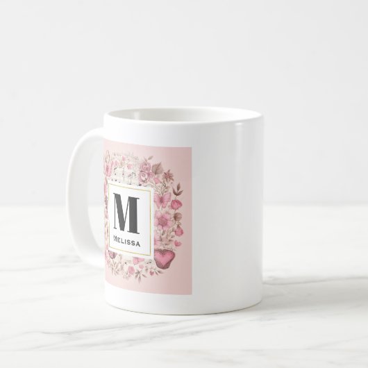 Muzieknoten en Bloemen Retro Style Monogram Koffiemok (Voorkant links)