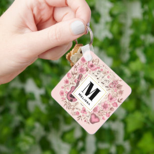 Muzieknoten en Bloemen Retro Style Monogram Sleutelhanger