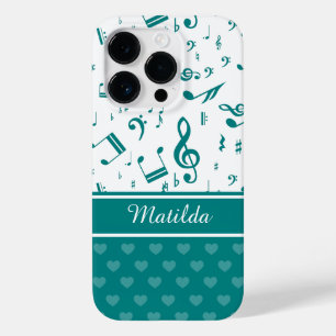 Muzieknoten en het Patroon van het Hart Blauwgroen Case-Mate iPhone 14 Pro Hoesje