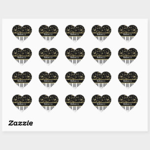 Muzieknoten en pianoketoetsen, zwart en goud hart sticker