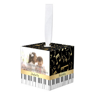 Muzieknoten en pianoketoetsen, zwart en goud kubus ornament