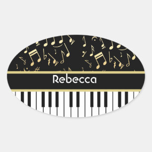 Muzieknoten en pianoketoetsen, zwart en goud ovale sticker