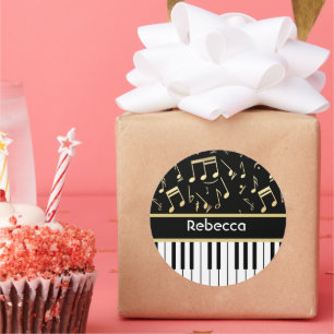 Muzieknoten en pianoketoetsen, zwart en goud ronde sticker