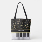 Muzieknoten en pianoketoetsen, zwart en goud tote bag (Achterkant)