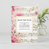 Muzieknoten en Rozen Design Bruiloft Save The Date (Staand voorkant)