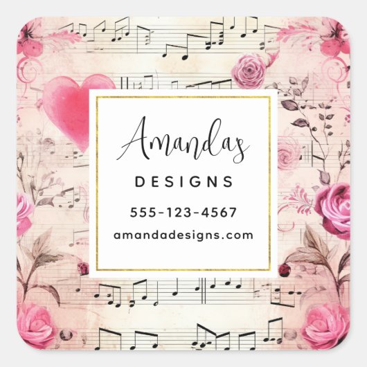 Muzieknoten en Rozen Design Business Vierkante Sticker (Voorkant)