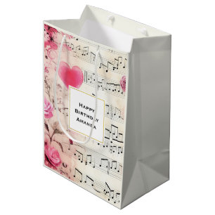 Muzieknoten en Rozen Design Verjaardag Medium Cadeauzakje