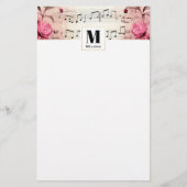 Muzieknoten en Rozen Monogram Briefpapier (Voorkant)