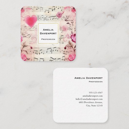 Muzieknoten en Rozen ontwerp Vierkante Visitekaartje (Voorkant / Achterkant)