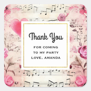 Muzieknoten en Rozen  Partij Dank u Vierkante Sticker