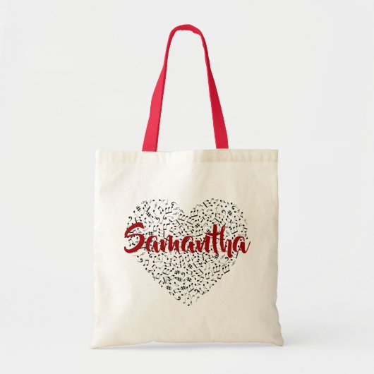 Muzieknoten Hart w / Rood Script Naam Bladmuziek Tote Bag (Voorkant)