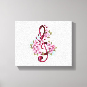 Muzieknoten in de sopraanklef met Sakura-bloemen Canvas Afdruk