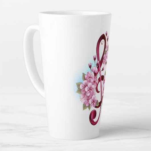 Muzieknoten in de sopraanklef met Sakura bloemen Latte Mok (Linkerhoek)