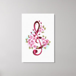 Muzieknoten in vioolsleutel met Sakura bloemen Canvas Afdruk