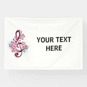 Muzieknoten in vioolsleutel met Sakura-bloemen Spandoek