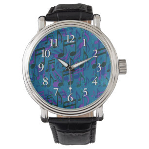 muzieknoten Musical Pattern Blue Green Paars Horloge