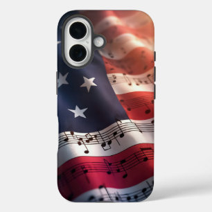 Muzieknoten op een Amerikaanse vlag iPhone 16 Hoesje