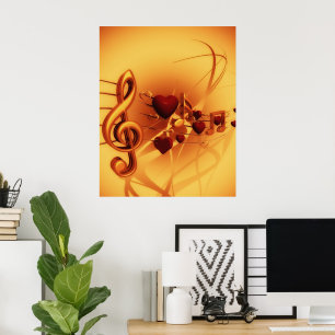 Muzieknotities Treble Clearts Gold & Red Poster
