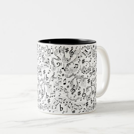 Muzieknotities zwart en wit tweekleurige koffiemok (Voorkant rechts)
