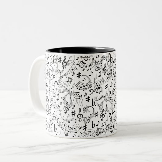 Muzieknotities zwart en wit tweekleurige koffiemok (Voorkant links)