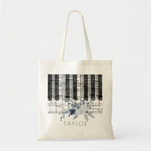 muziekpiano dusty blue floral name canvas tas