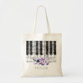 muziekpiano paarse florale naam tote bag
