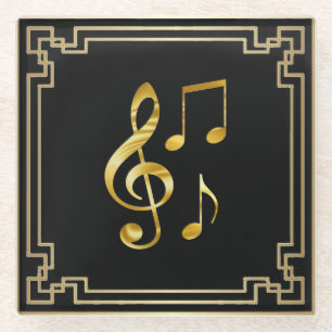 Muziekpictogrammen, goud op zwart, glazen onderzetter