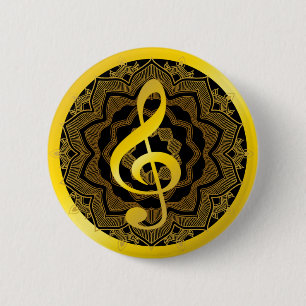 Muzieksymbool Clef Notes in Gold Black Mandala Art Ronde Button 5,7 Cm