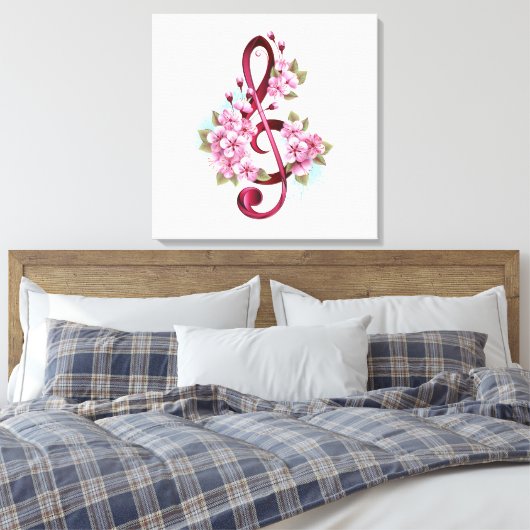 Muziektekiemen met Sakura bloemen Canvas Afdruk (Insitu (Slaapkamer))