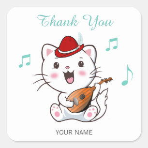 Muzikale Bard Kat met Mandoline Dank Je Vierkante Sticker