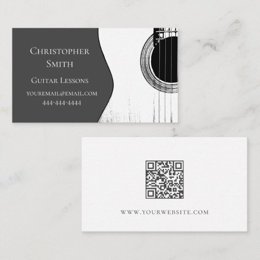 Muzikale gitaarlessen QR Code Modern Grey Visitekaartje (Voorkant / Achterkant)