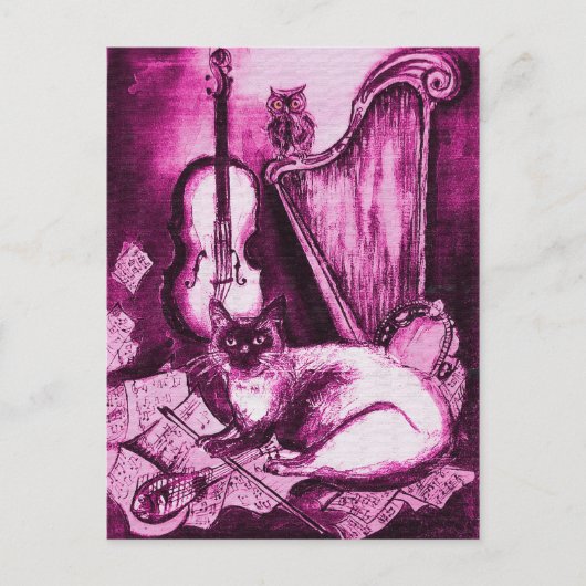 MUZIKALE KAT EN UIL ,Roze Violet en Wit Briefkaart (Voorkant)