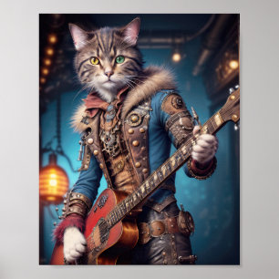 Muzikale kat in steampunk jurk in blauw die gitaar poster