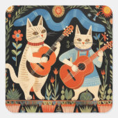 Muzikale Katten Folk Art Vierkante Sticker (Voorkant)