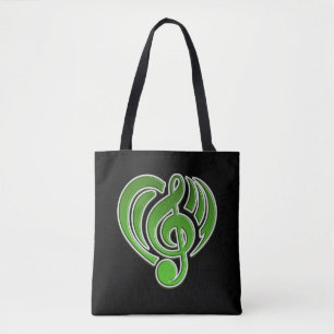 Muzikale liefde trillingen groen hart muzieknoot D Draagtas