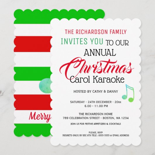 Muzikale noot Kerstmis Carol Karaoke Uitnodiging (Voorkant / Achterkant)