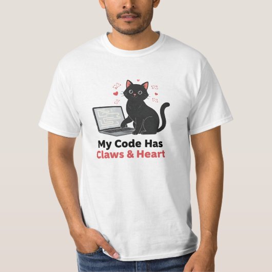 My Code Has Claws & Heart Black Cat Web Developer T-shirt (Voorkant)