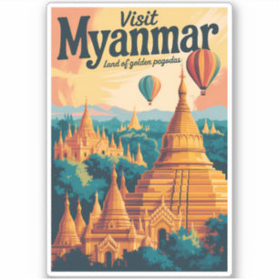 Myanmar Pagoda's Illustratie Reis Kunst Vintage Sticker