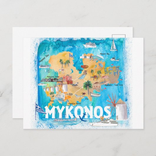 Mykonos Grèce Carte illustrée avec des monuments (Devant / Derrière)