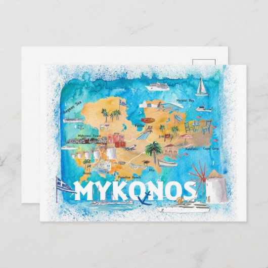 Mykonos Grèce Carte illustrée avec les routes prin (Devant / Derrière)