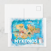 Mykonos Greece Illustrated Map met hoofdwegen Briefkaart (Voorkant / Achterkant)