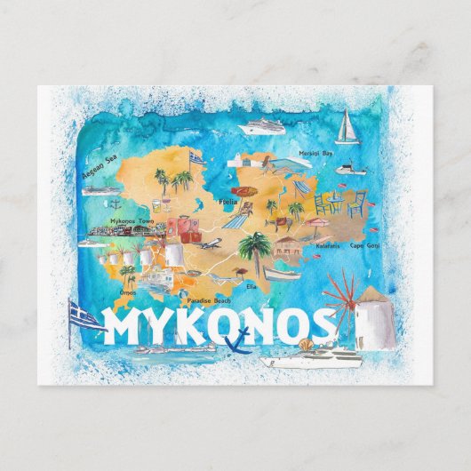 Mykonos Greece Illustrated Map met hoofdwegen Briefkaart (Voorkant)
