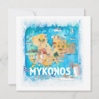 Mykonos Greece Illustrated Map met Landmarks Kaart