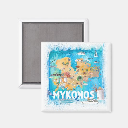Mykonos Greece Illustrated Map met Landmarks Magneet (Voorkant / Achterkant)