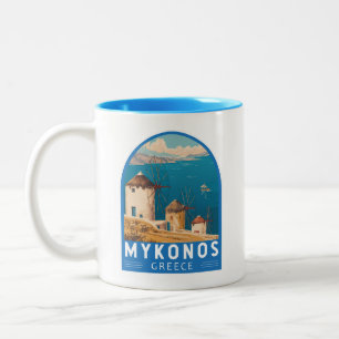 Mykonos Griekenland Travel Art Embleem Tweekleurige Koffiemok