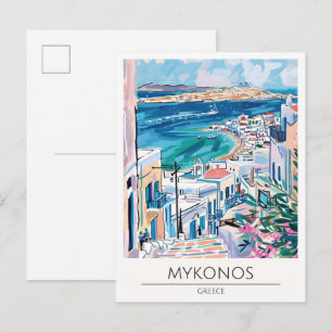 Mykonos Griekenland Vintage Kunst Illustratie Reiz Briefkaart