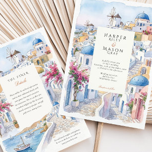 Mykonos Santorini Griekenland Aquarel Bruiloft Kaart