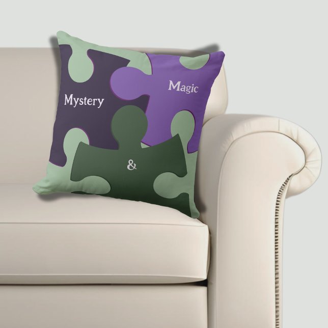 Mysterie & Magic Groen & Paarse Jig Saw Puzzel Kussen (Mystery & Magic Green & Purple Jig Saw Puzzle Throw Pillow)